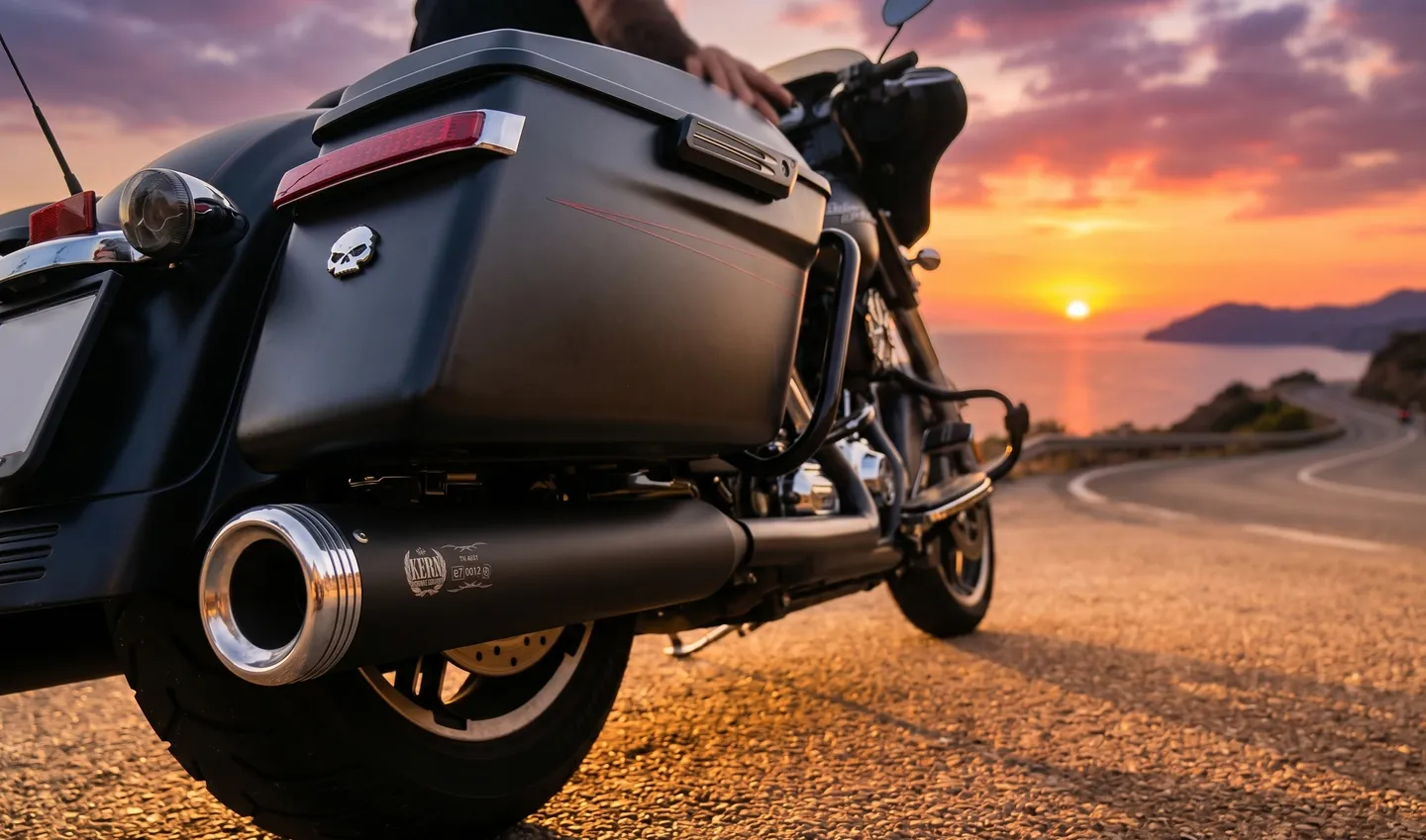 Harley-Davidson équipée d'un échappement Bykern au coucher du soleil